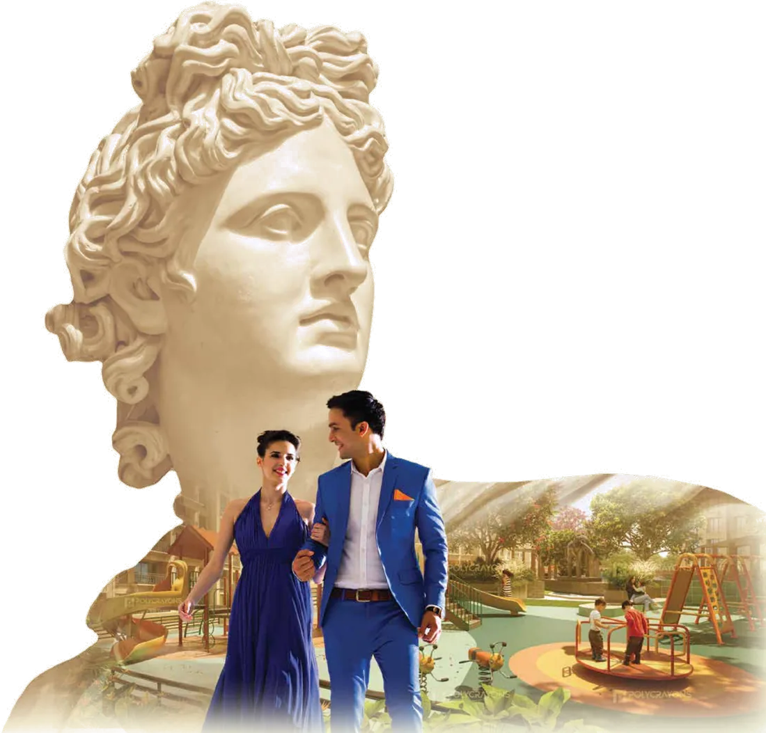 Classical statue with a couple walking through the Cosmos Serenity podium garden