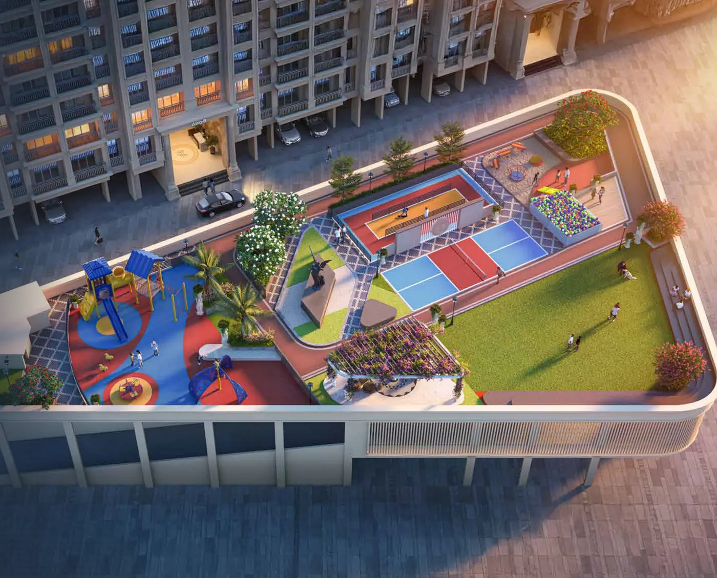 Podium level at Cosmos Serenity with play areas, pickleball court and lawns