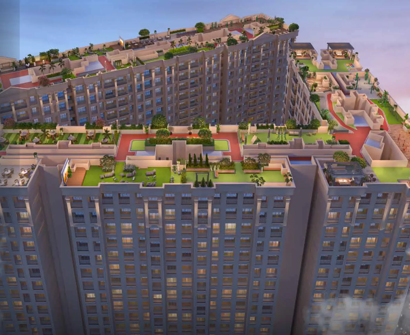 Landscaped rooftop amenities above the Cosmos Serenity towers
